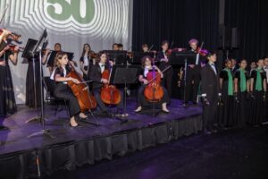 All of the performers at the celebration on the stage